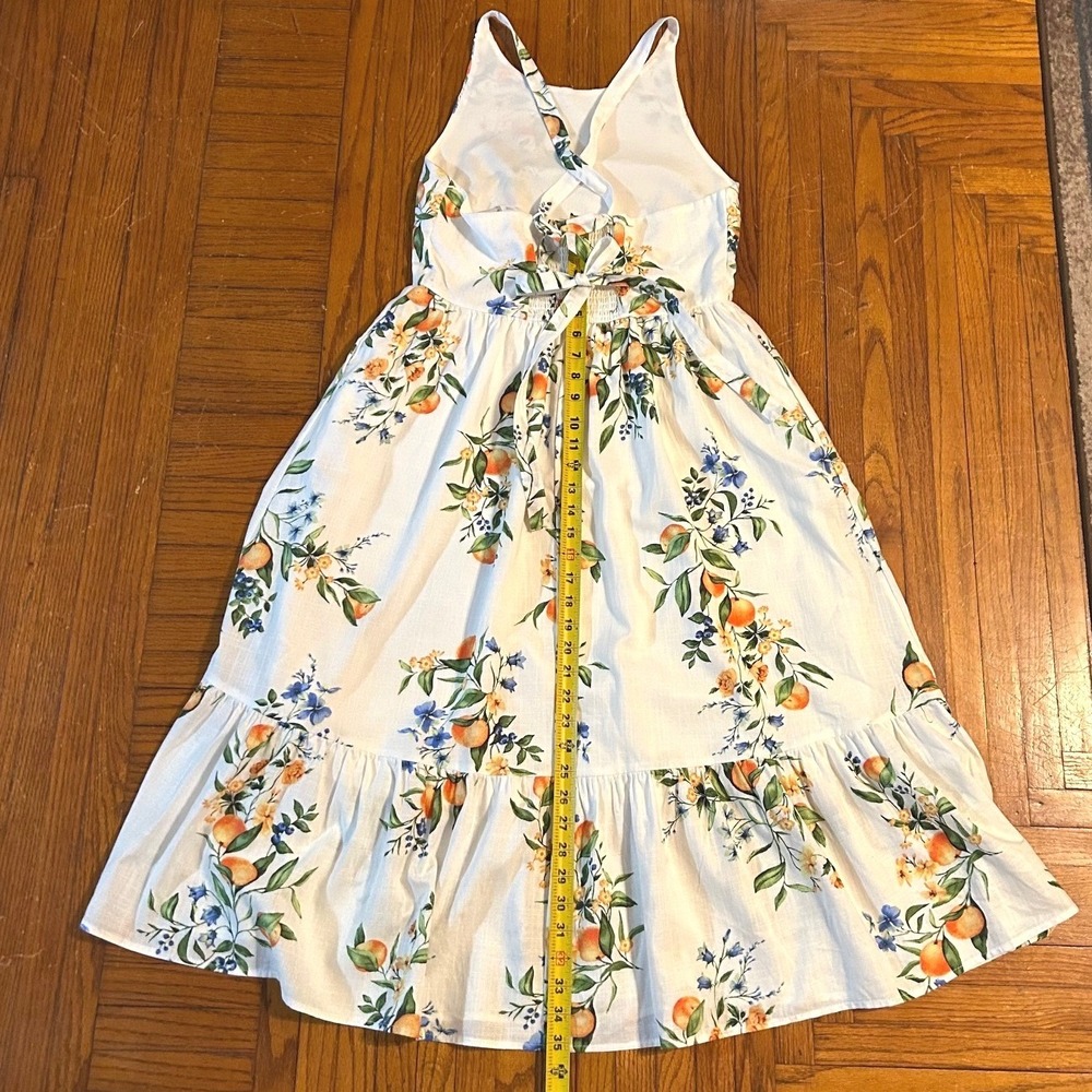 Citrus Botanical Midi Dress SZ S White Orange Mediterranean Vacation Resortwear - Picture 9 of 13
